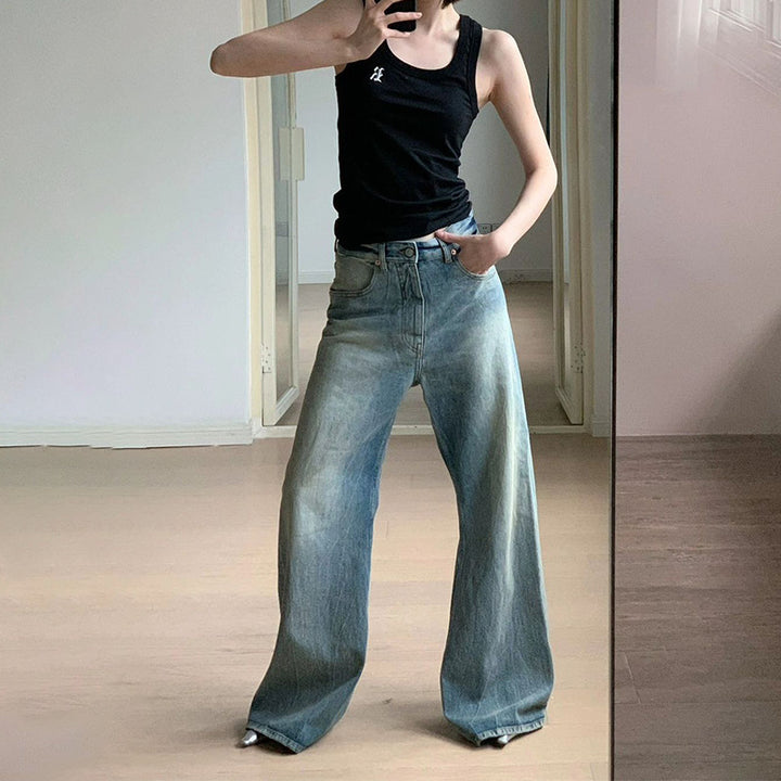 Jeans en denim féminin à coupe large avec taille haute Chic & Stil