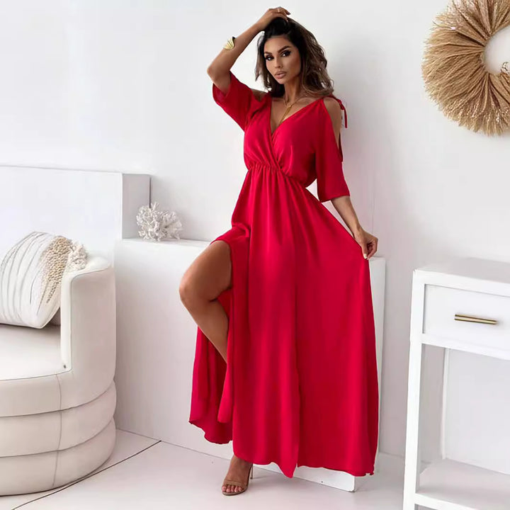 Elegant maxi dress for women with deep V-neck and slit Lune London