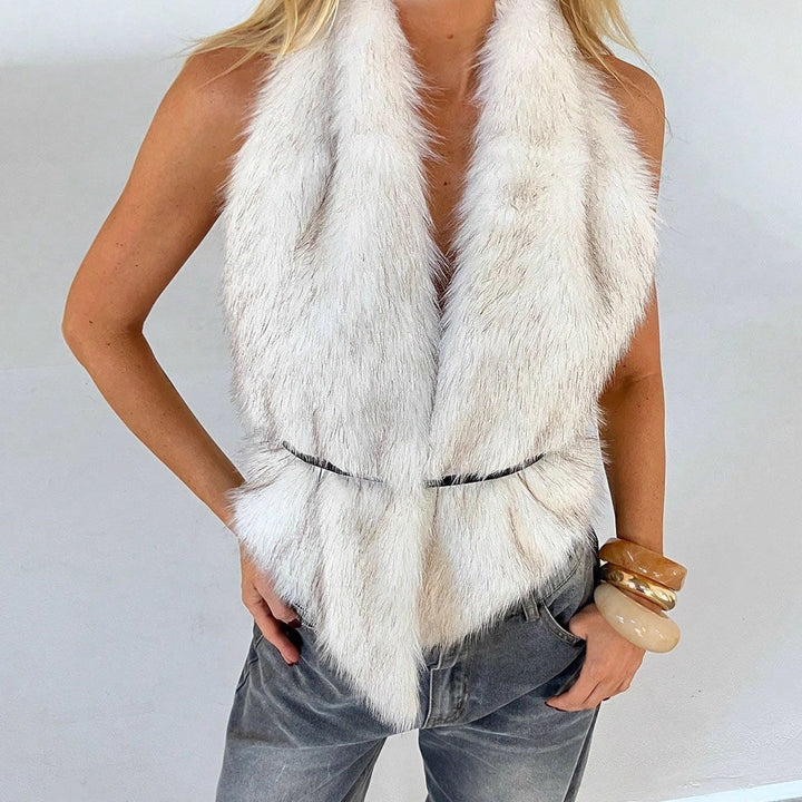 Ladies short faux fur jacket with waist belt Lune London