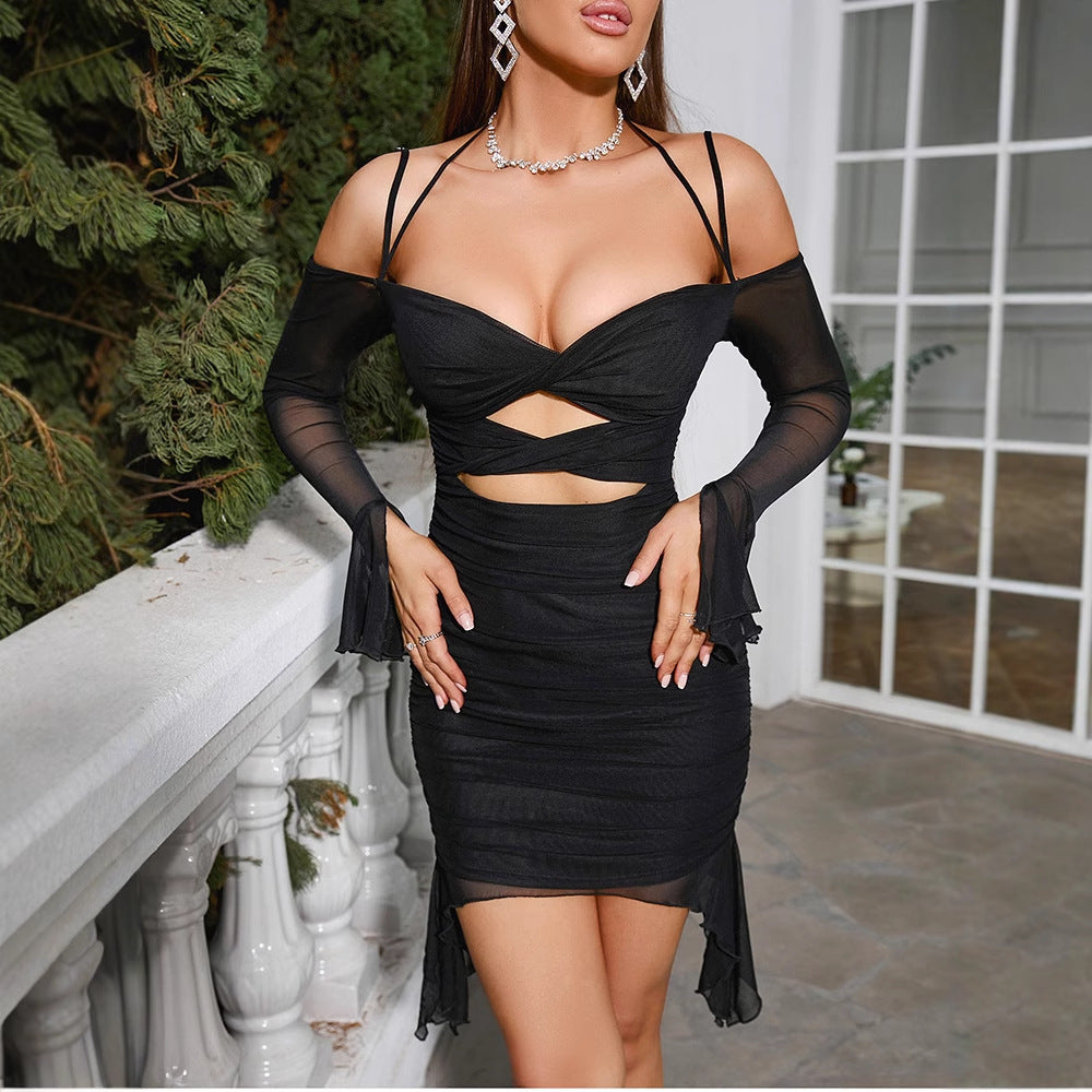 Ladies seductive mini dress with transparent sleeves and refined cutouts Lune London