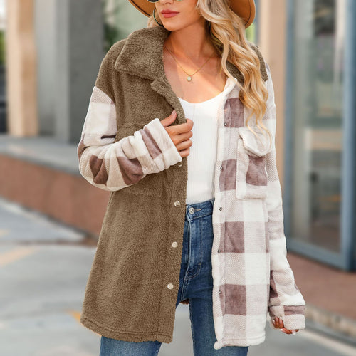 Fleece coat for women with plaid pattern and buttonhole Lune London