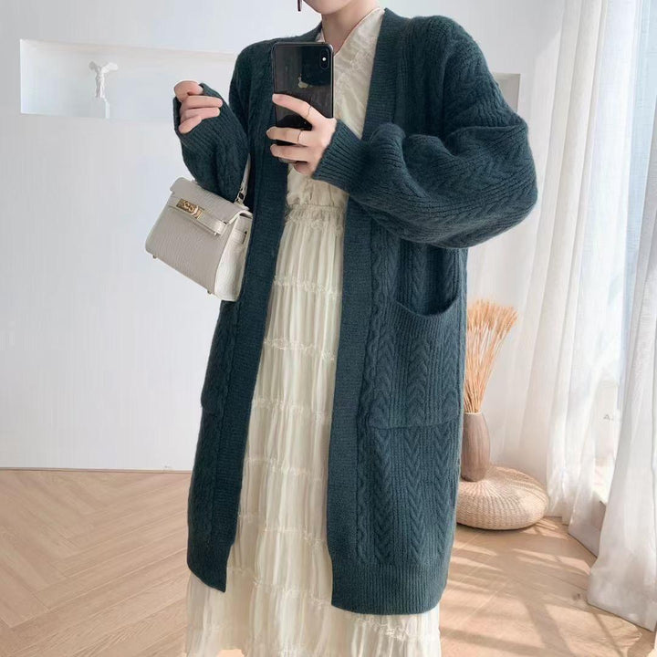 Ladies Thick Knit Cardigan with deep pockets and elegant Braid design Lune London