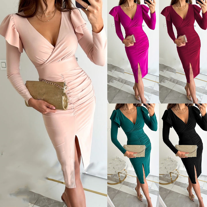 Elegant Women's MIDI Dress with Long Sleeves Flared and Chic Slit Style