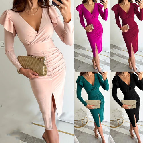 Elegant Women's MIDI Dress with Long Sleeves Flared and Chic Slit Style