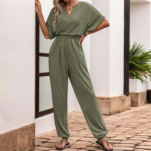Ladies Elegant V Neck Jumpsuit with Elastic Waist and Wide Legs Lune London