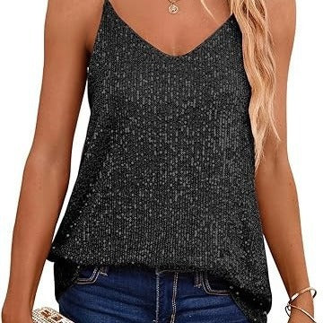 Women's Sparkling Spaghetti Strap Top with V-Neck and Shimmering Details Lune London