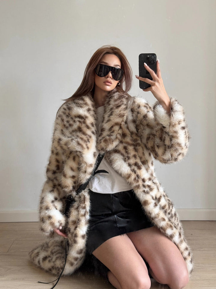 Ladies Elegant Faux Fur Coat with Animal Pattern Lune London