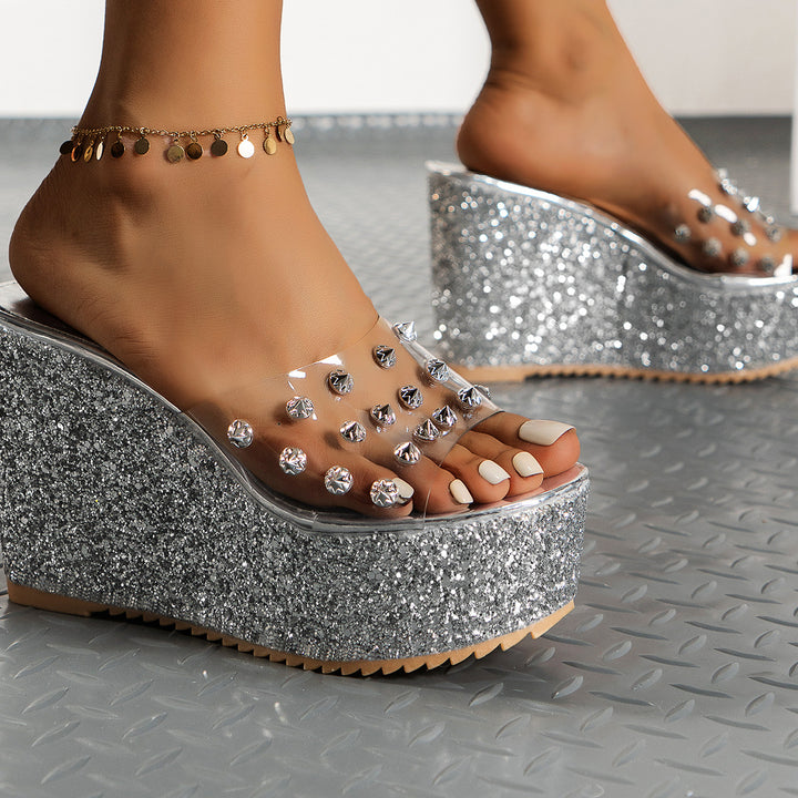 Glamorous platform sandals for women with sparkling rhinestone appliqués Lune London