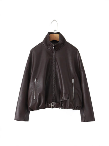 Ladies stylish faux leather jacket with belt Lune London