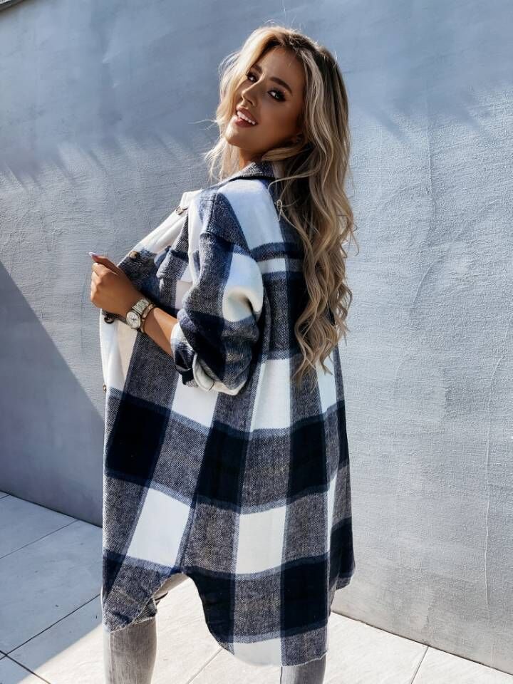 Ladies Casual Chic Checkered Flannel Jacket