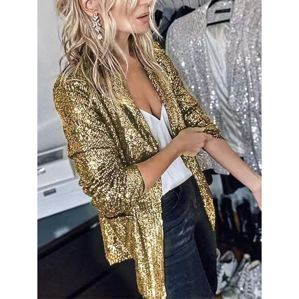 Ladies Glamorous Blazer Jacket with Sequin Trim and Long Sleeve Lune London