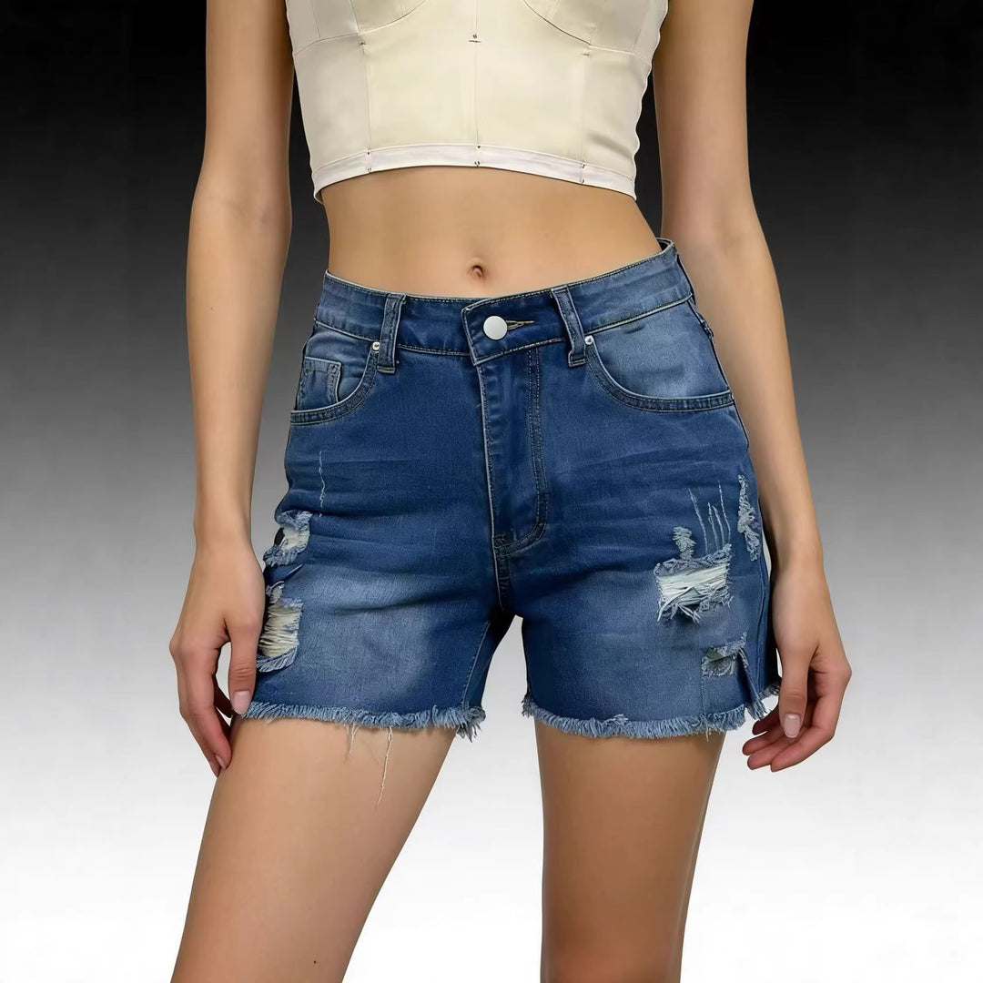 Ladies Destroyed Denim Shorts with casual cut and frayed edge Lune London