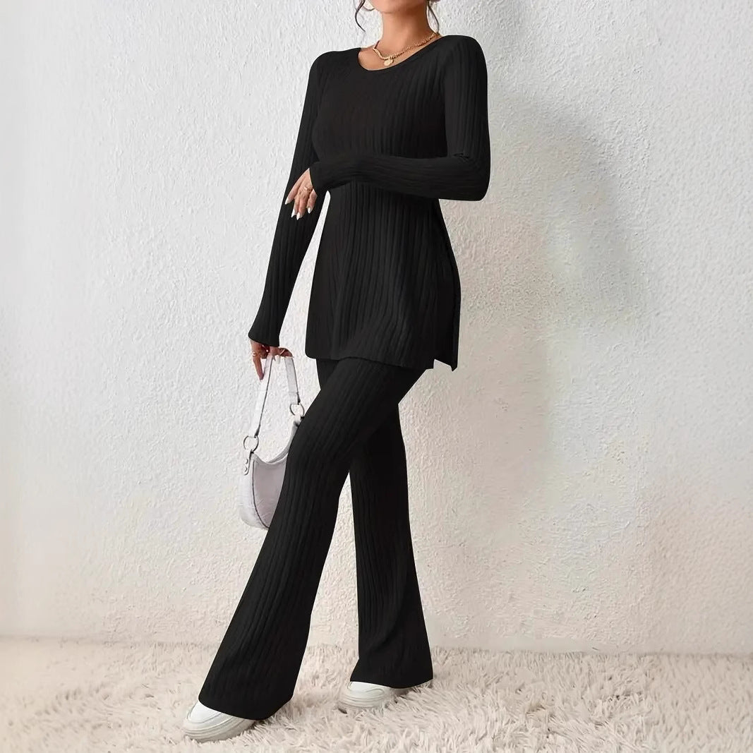 Lune London finely ribbed loungewear set for women with long sleeves and flared legs