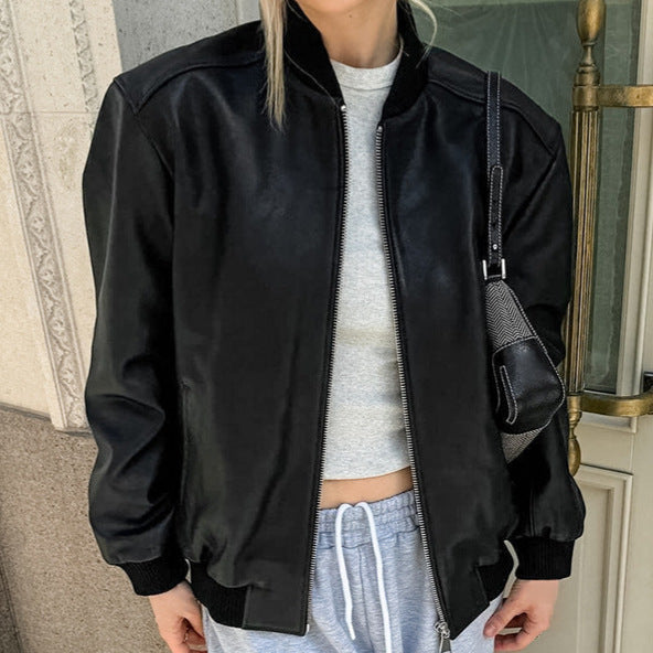 Chic Urban Style Synthetic Leather Bomber Jacket for Women