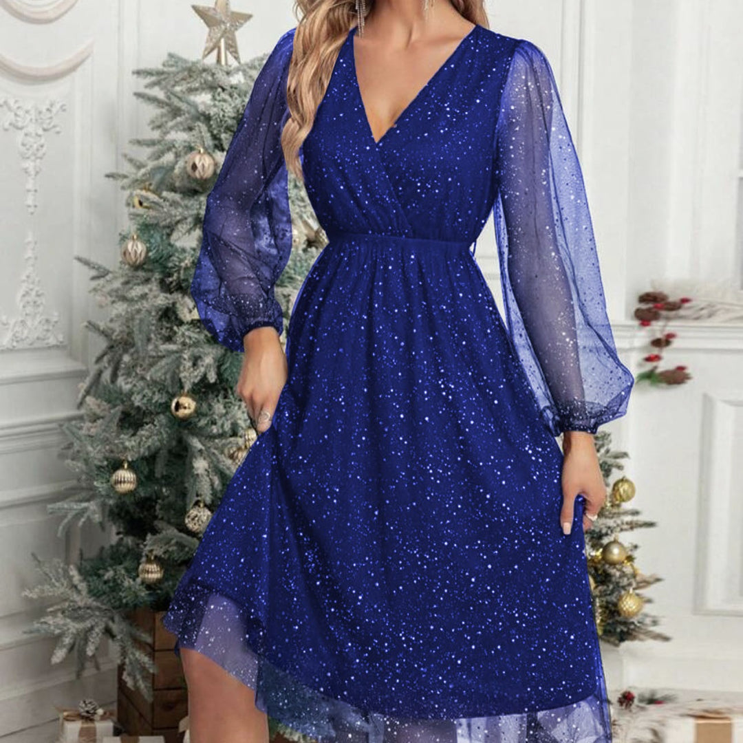 Glamorous midi dress for women with transparent puff sleeves and a sparkling sequin pattern Lune London