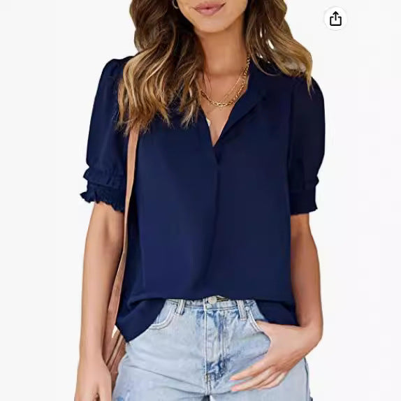 Short-sleeved blouse for women with gathered sleeves and a high collar Lune London