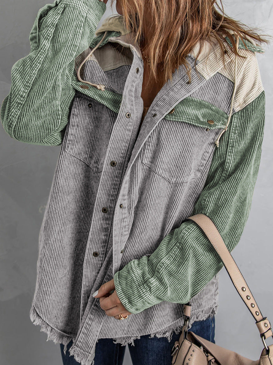 Lune London | Jacket with hood - Oversized fit - Cord texture - Button closure - Fringe edge