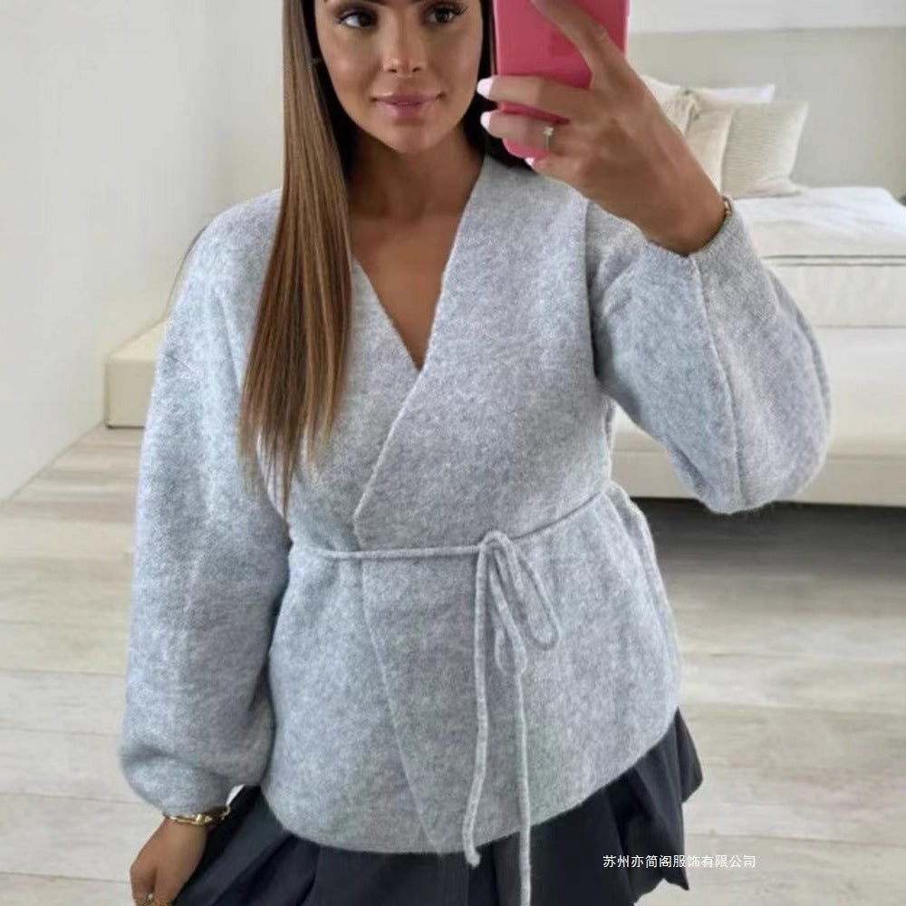 Veste tricotée décontractée pour femmes avec ceinture à nouer à la mode Lune London