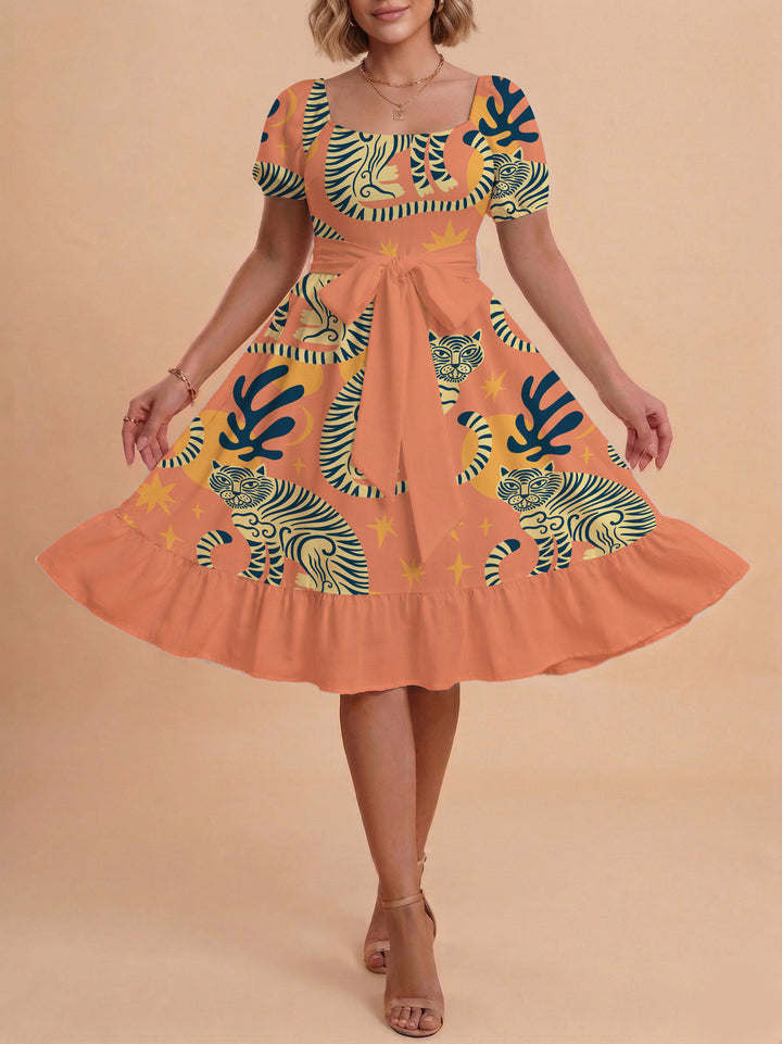 Women A-line dress with floral motifs and adjustable belt Lune London