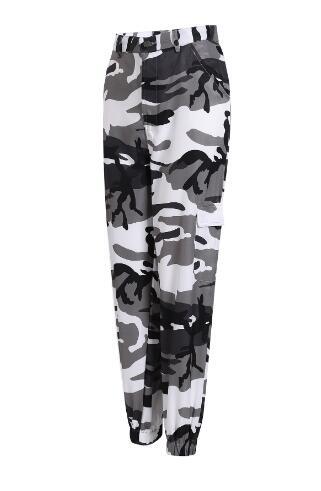 Cargo pants for women with a modern camouflage design featuring practical pockets and elastic waist Lune London