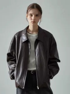 Women's Leather Jacket in Casual Oversized Cut with Practical Pockets Lune London