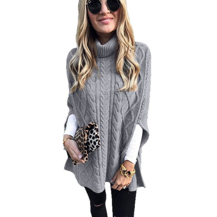 Women's Chunky Knit Poncho with High Collar and Cable Design Chic Und Stil