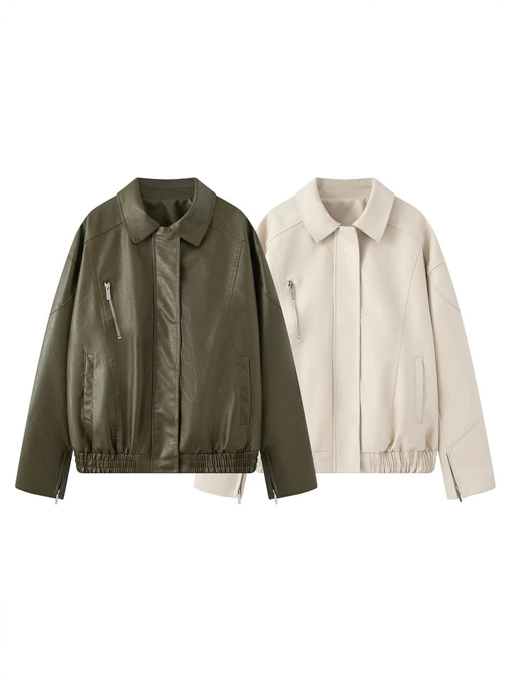 Faux leather jacket for women, with a modern high collar and elastic hem Lune London
