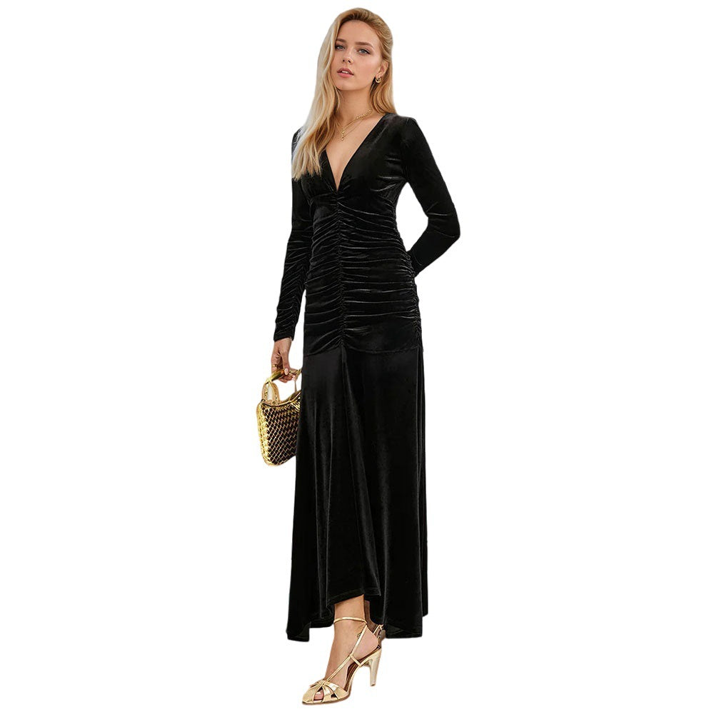 Robe maxi femme avec profond décolleté en V et doux fronces Chic & Stil