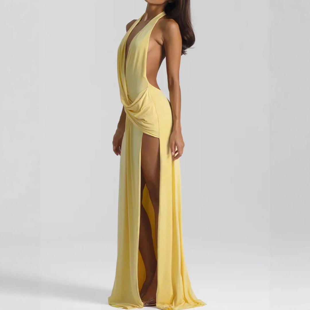 Ladies Elegant Evening Dress with Deep Neckline and Side Slit Lune London