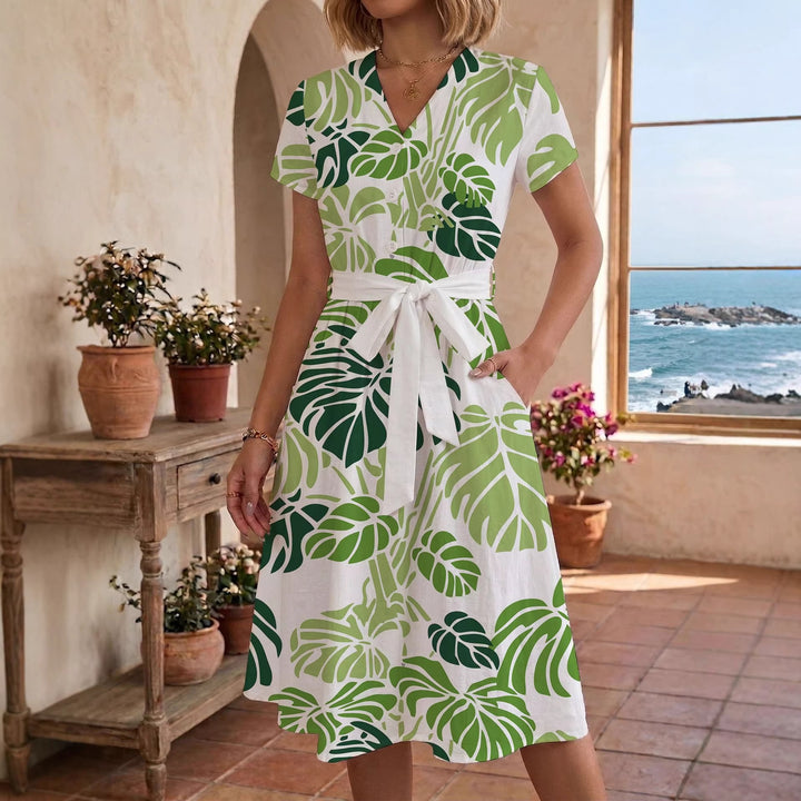 Women's casual maxi dress with adjustable knot and decorative check pattern Lune London