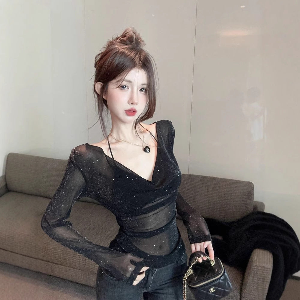 Women's sparkling long-sleeve top with deep V-neck and transparent details Lune London
