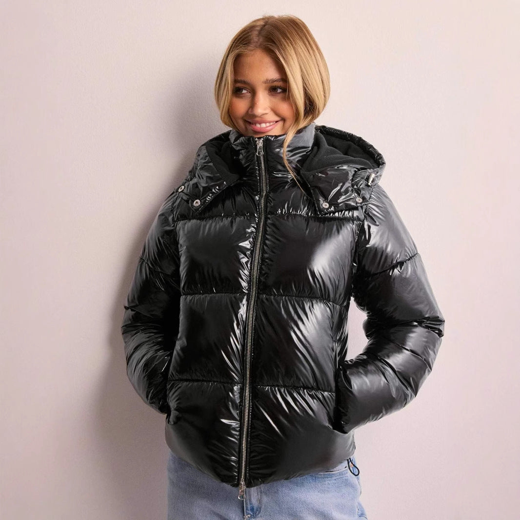 Ladies Shiny Quilted Jacket with Removable Hood Lune London