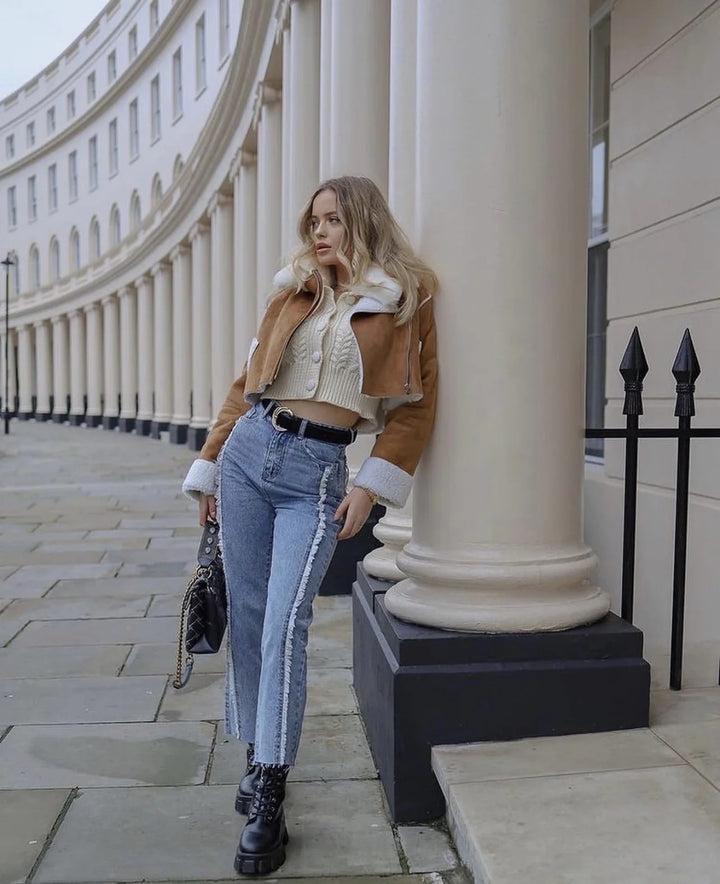 Ladies cropped synthetic leather jacket with comfortable teddy lining and practical pockets Lune London