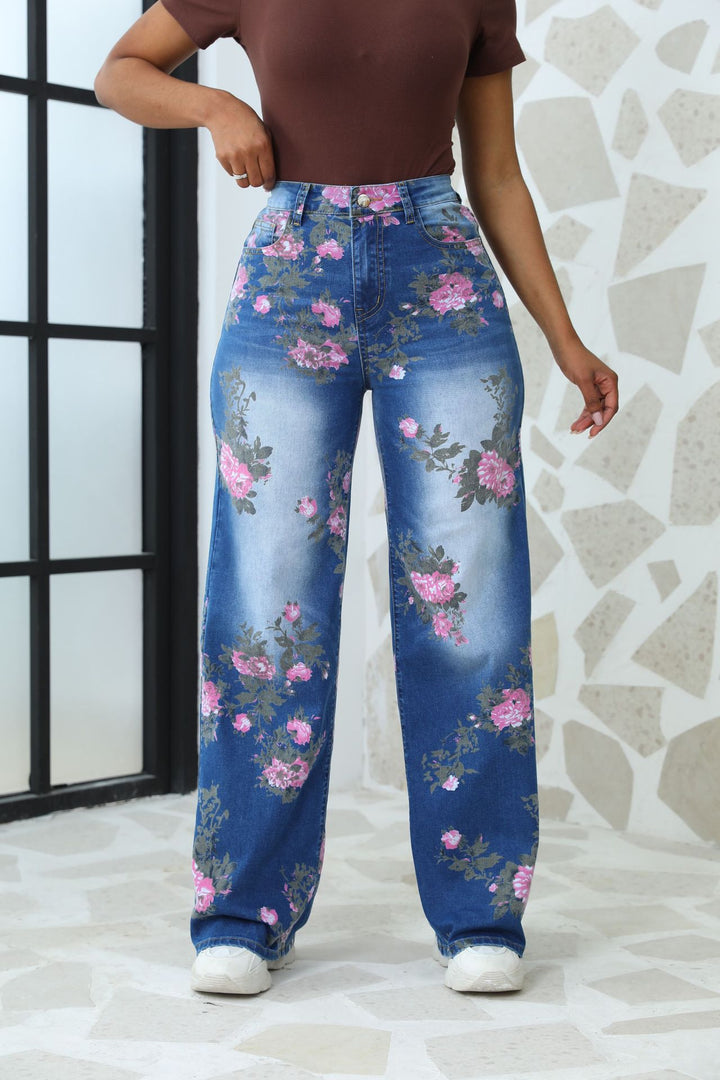 Floral wide-leg jeans for women with a trendy high-waisted design Lune London