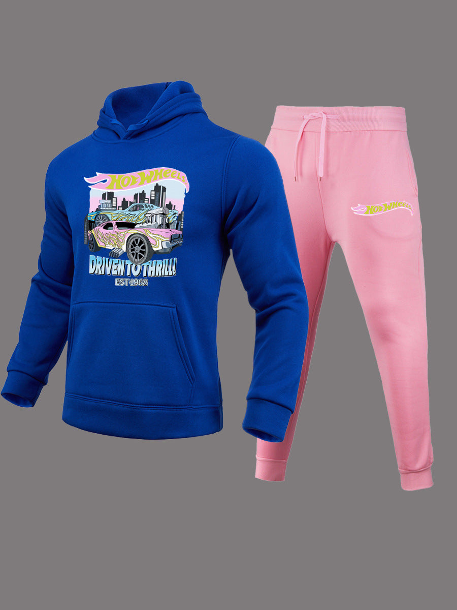 Comfortable hoodie and jogger pants set for women with striking car pattern Lune London