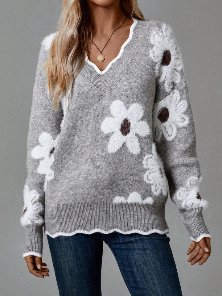 Knit sweater for women with floral design and V neck Lune London