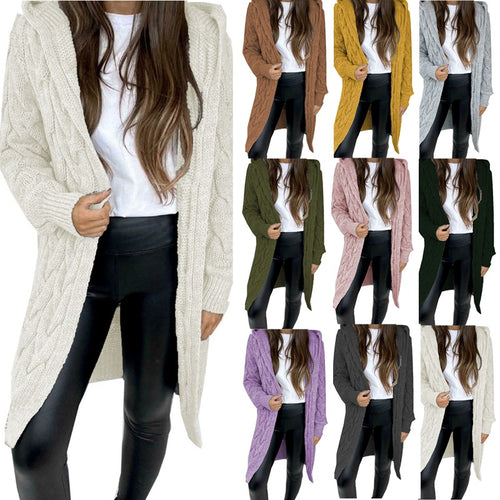 Ladies chunky knit coat with hood and braided design Lune London