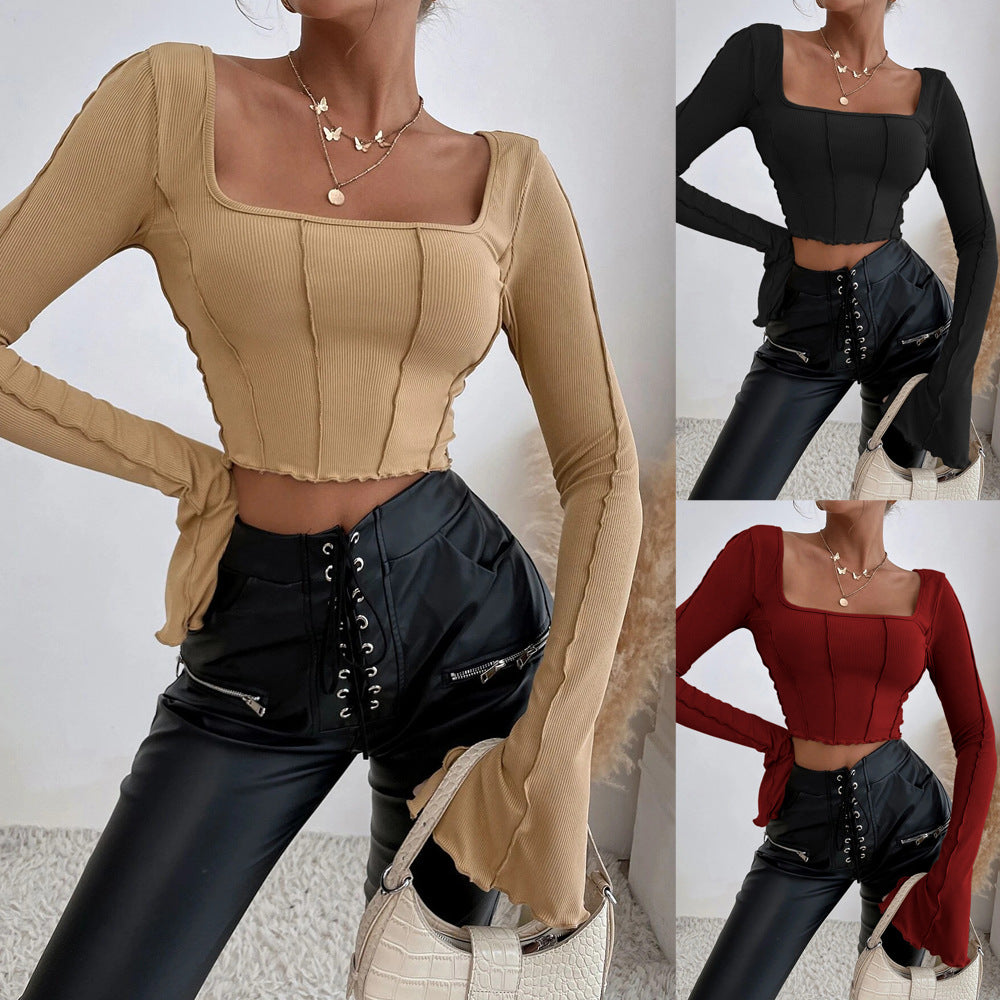 Chic & Stil Women's Short Top Couture with Square Neckline and Long Sleeves