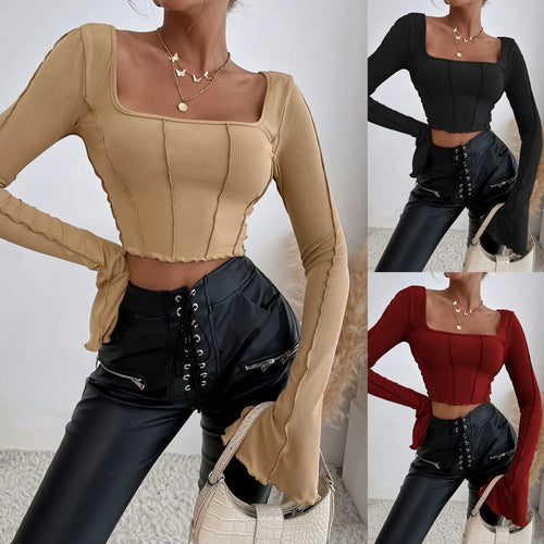 Top court de couture pour femmes avec encolure carrée et manches longues Chic & Stil