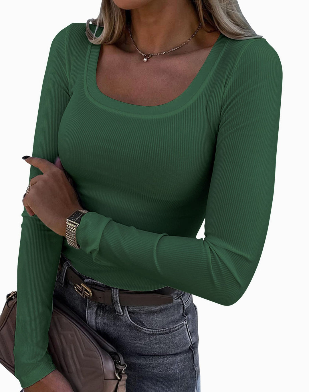 Women’s Long Sleeve Ribbed T-Shirt with Elegant Boat Neck Lune London