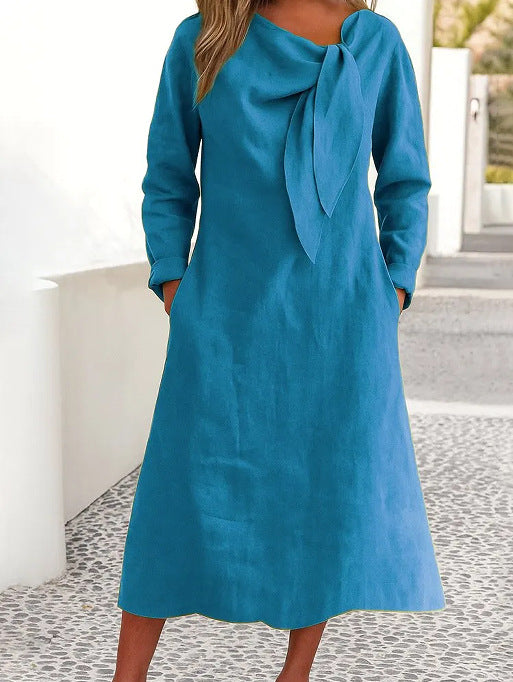 Elegant linen dress for women with asymmetric collar and shawl collar Lune London