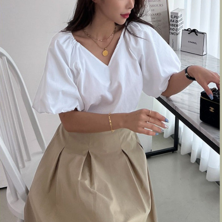Women V Neck Puff Sleeve Top Lune London