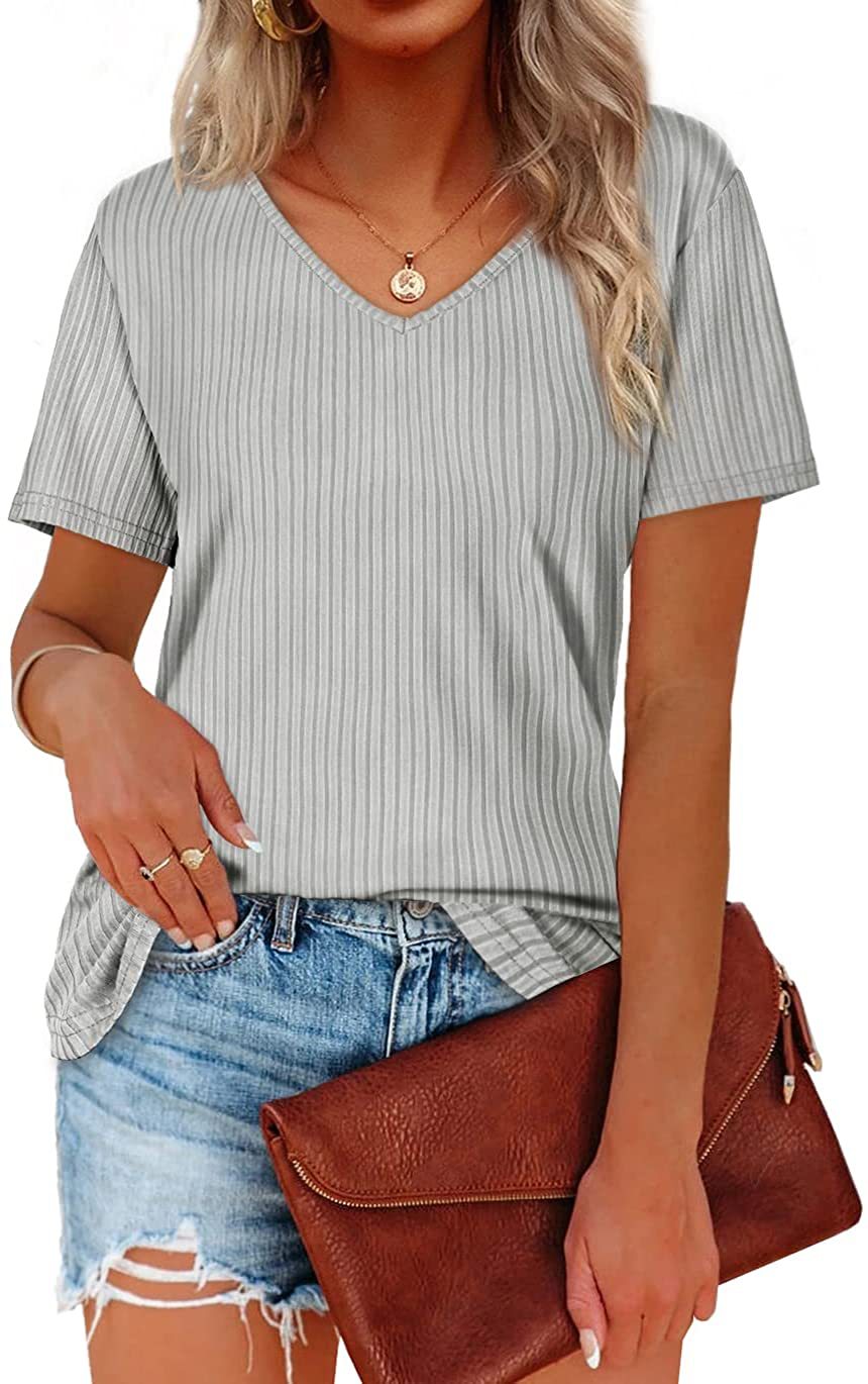 Viscose T-shirt for women with a fine ribbed knit pattern and a casual V-neck Lune London