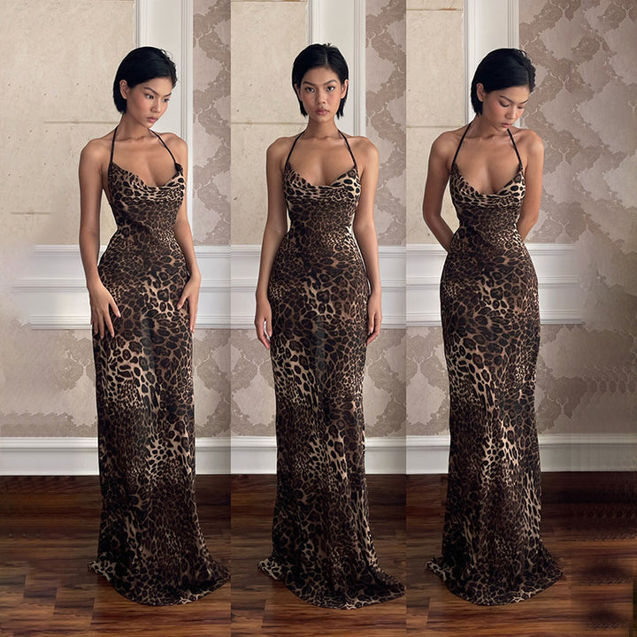 Ladies Elegant Maxi Dress Leopard Print Backless Chic and Style
