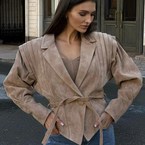 Fashion faux leather jacket for women with a textured design and extravagant shoulder accents Lune London