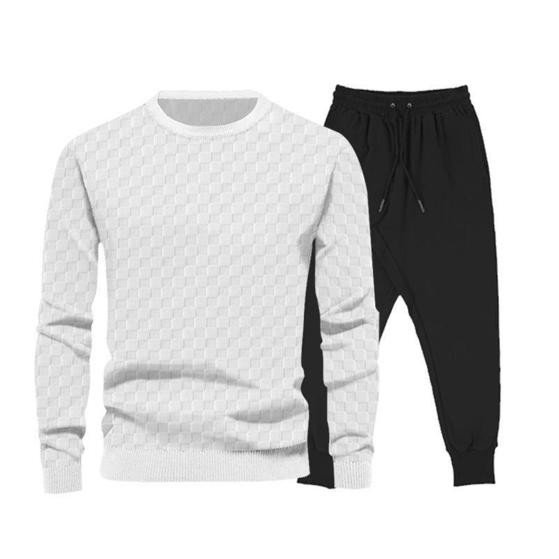Complete sporty outfit for men with textured sweatshirt and chic jogging pants.