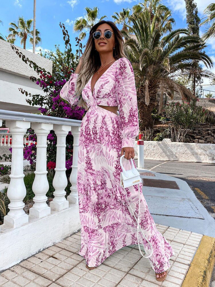 Maxi dress for women with an elegant V-neckline and a playful ruffled hem Lune London