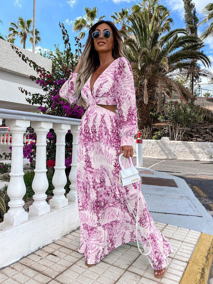 Maxi dress for women with an elegant V-neckline and a playful ruffled hem Lune London
