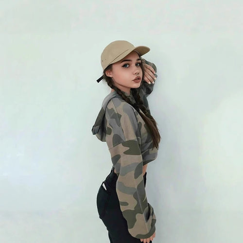 Cropped hoodie sweat top for women with modern camouflage design Lune London