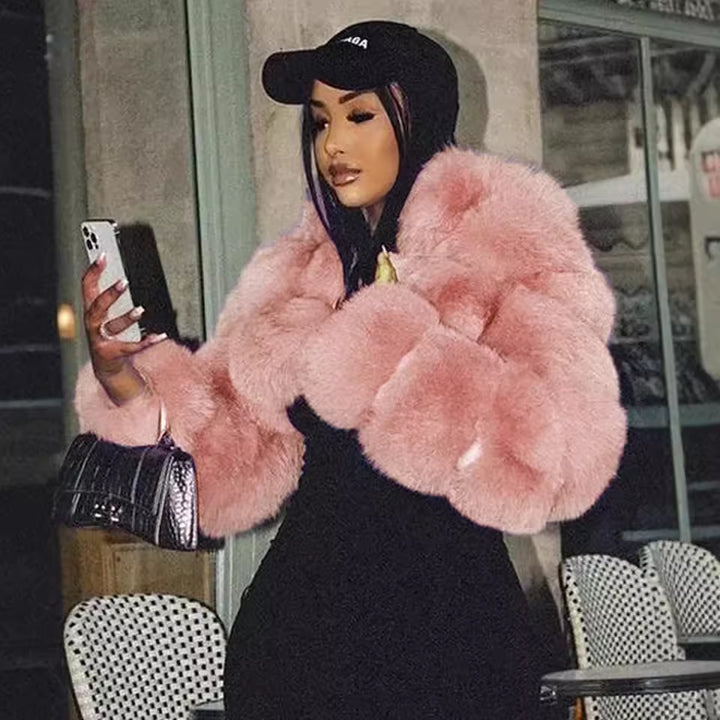 Luxury faux fur jacket for women with voluminous puff sleeves Lune London